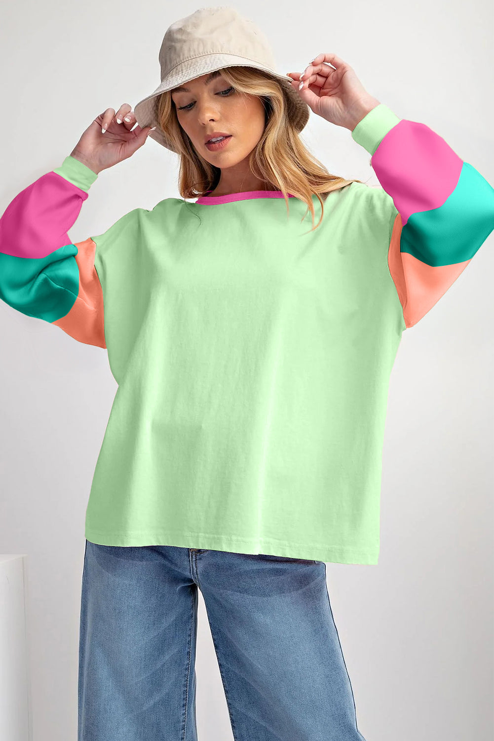Cali Chic Women Sweatshirt Green Color block Patchwork Long Sleeve Loose Top