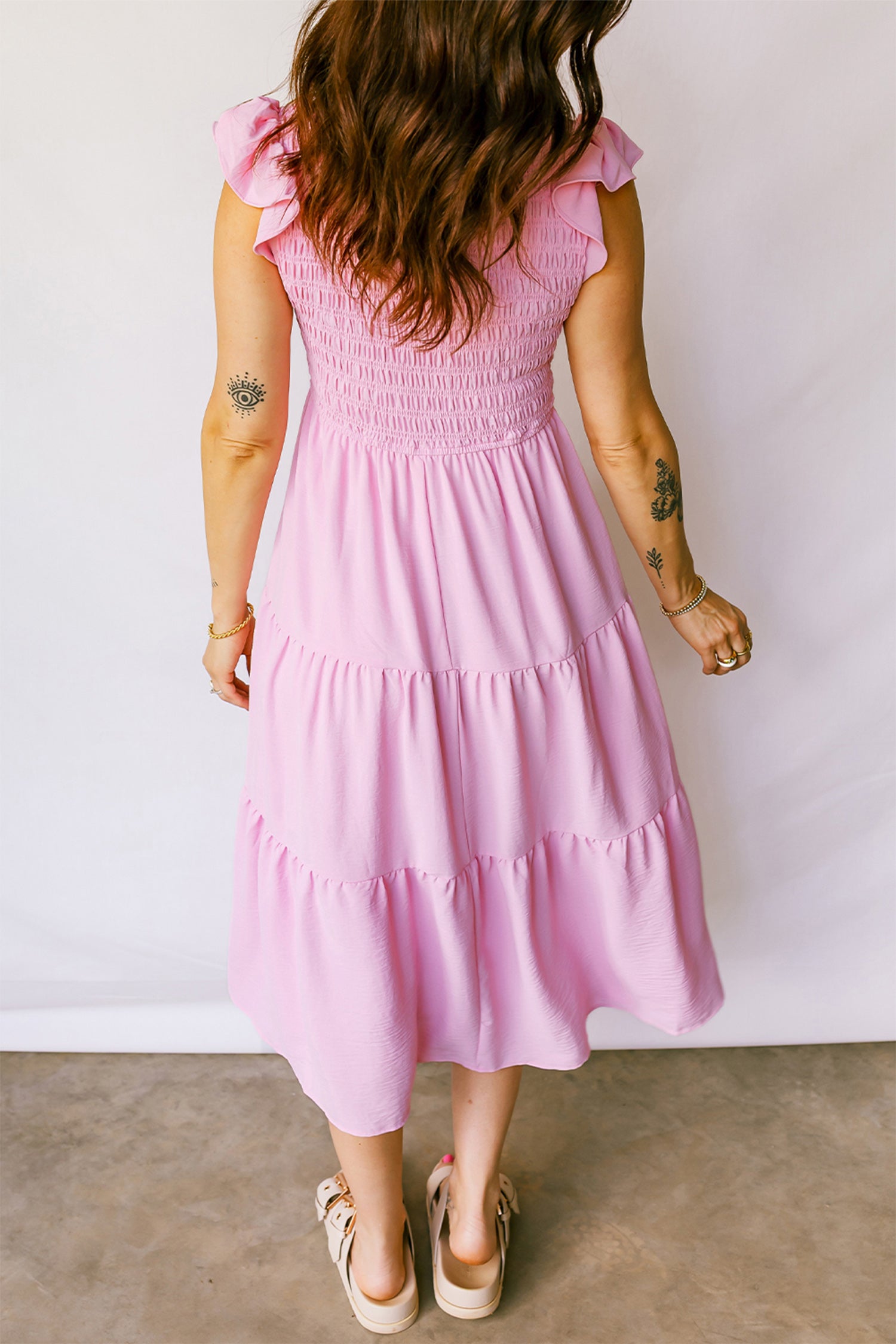 Cali Chic Women Dress Pink Smocked Bodice Flutter Sleeve Fit Flare Tiered Midi Dress - Cali Chic