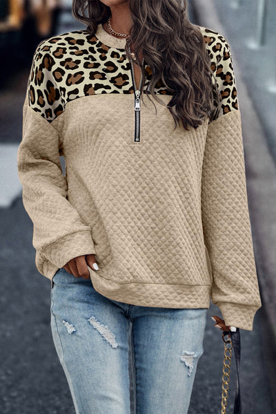 Cali Chic Apricot Leopard Splicing Drop Shoulder Zipped Sweatshirt