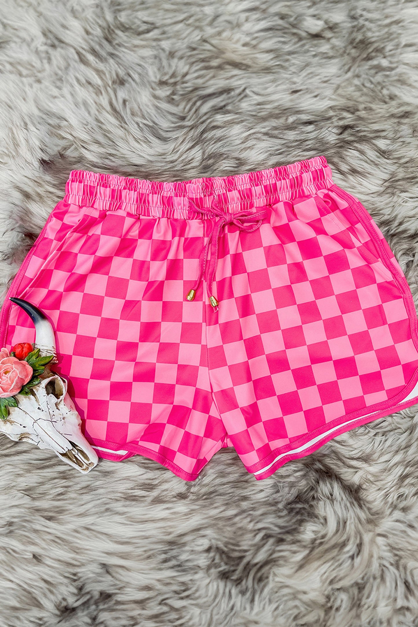 Cali Chic Women Shorts Rose Checkered Drawstring Elastic Waist Casual Short