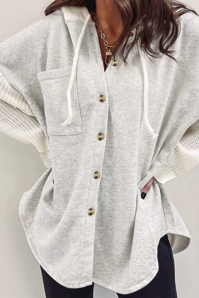 Cali Chic Gray Button Up Contrast Knitted Sleeves Hooded Jacket