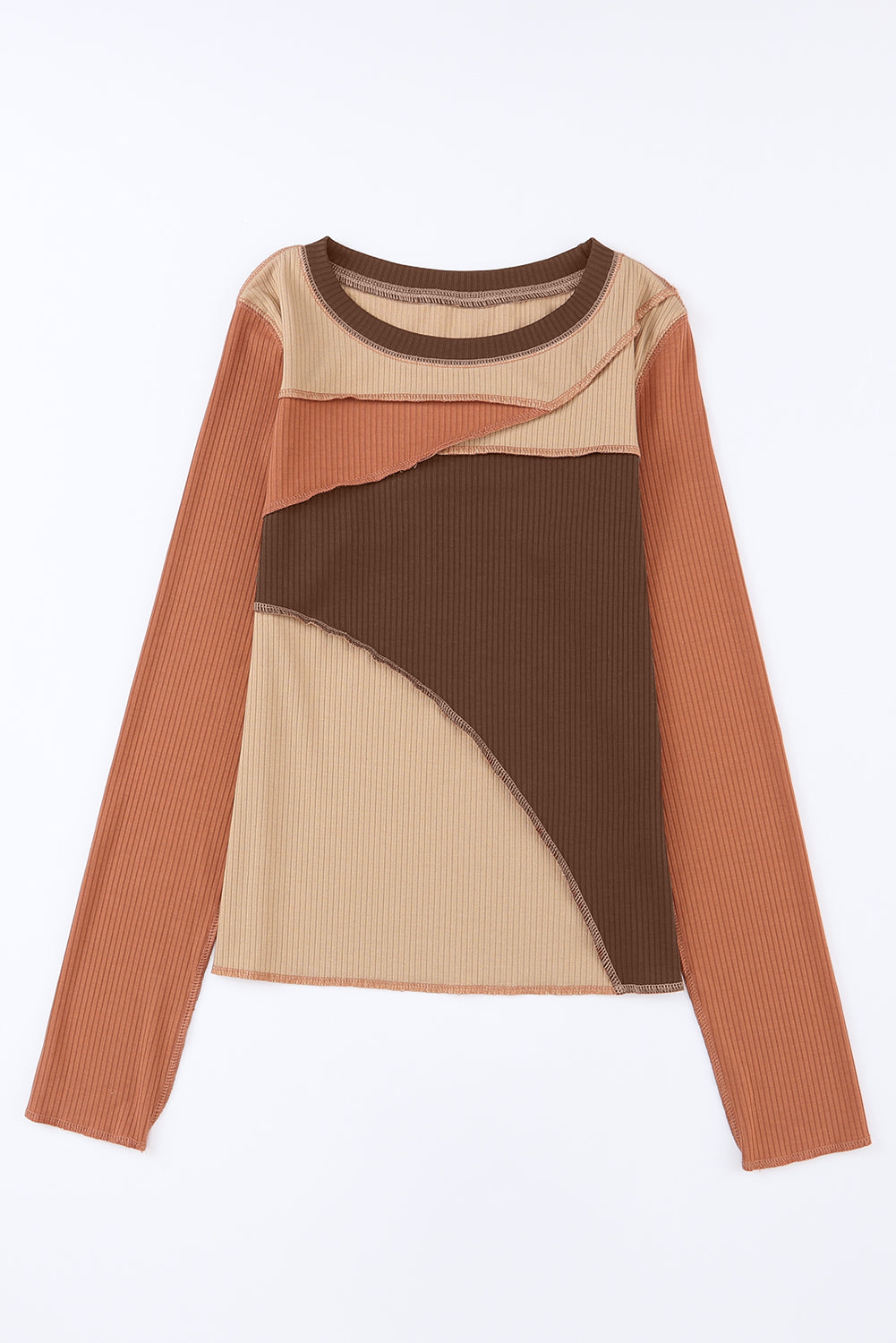 Cali Chic Brown Expose Seam Color Block Ribbed Knit Top