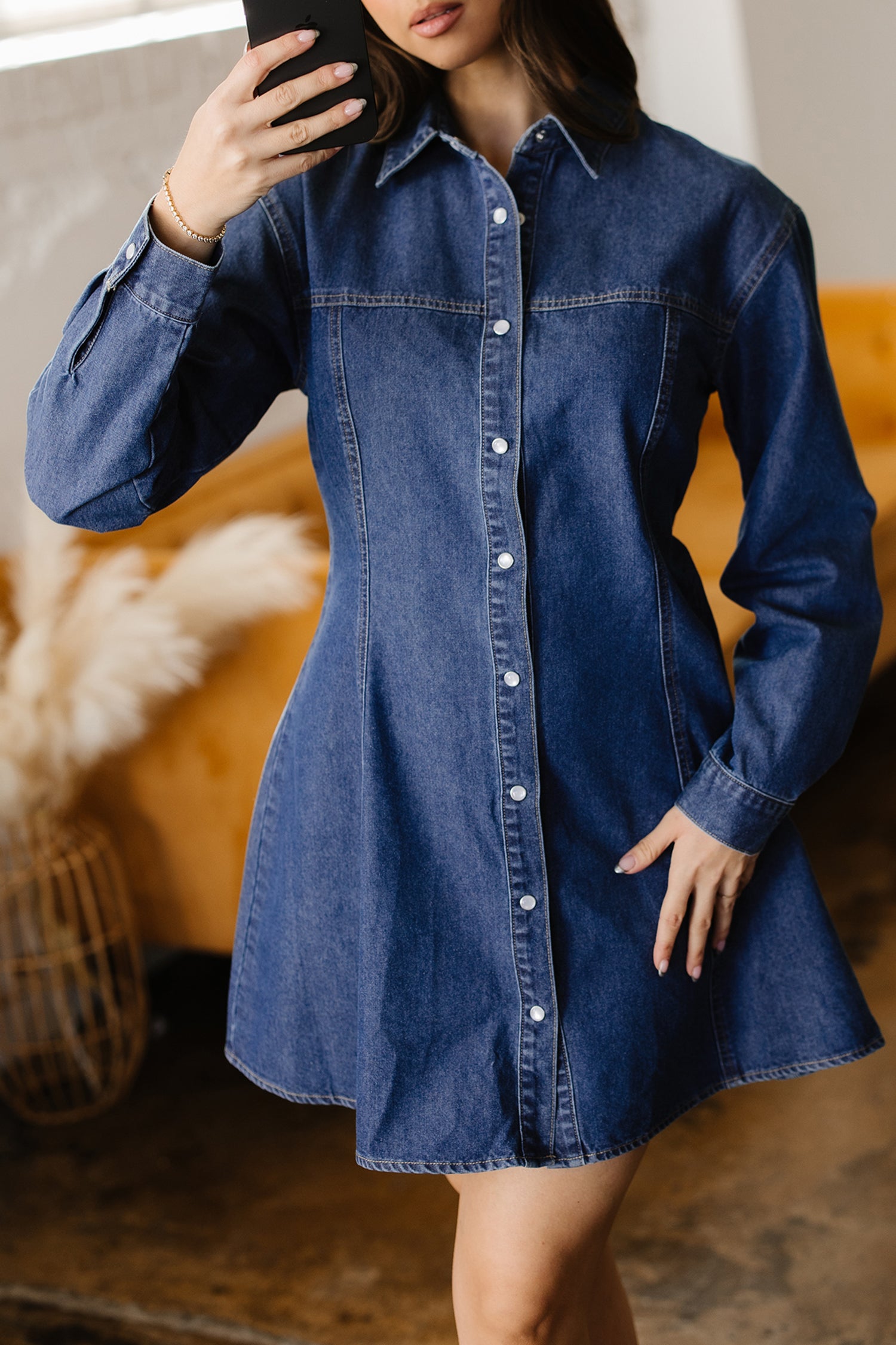 Cali Chic Women Dress Ashleigh Blue Denim Shirt Collar Long Sleeve Flared Mini Dress - Cali Chic