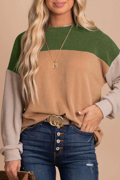 Cali Chic Women's Tops Green Color Block Celebrity Long Sleeve Ribbed Loose