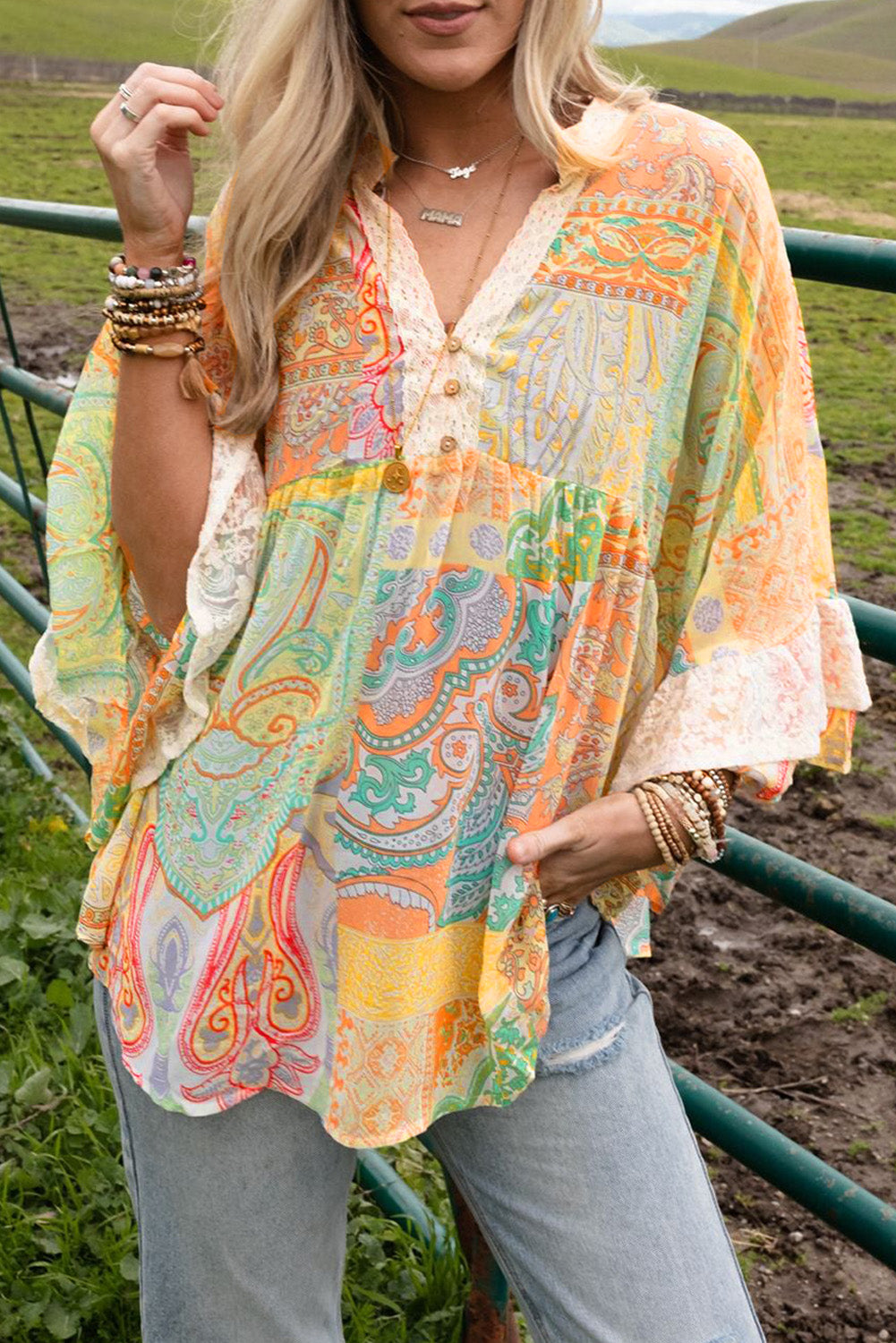 Cali Chic Multicolor Paisley Print Bell Sleeve Lace V-Neck Button Sheer Blouse