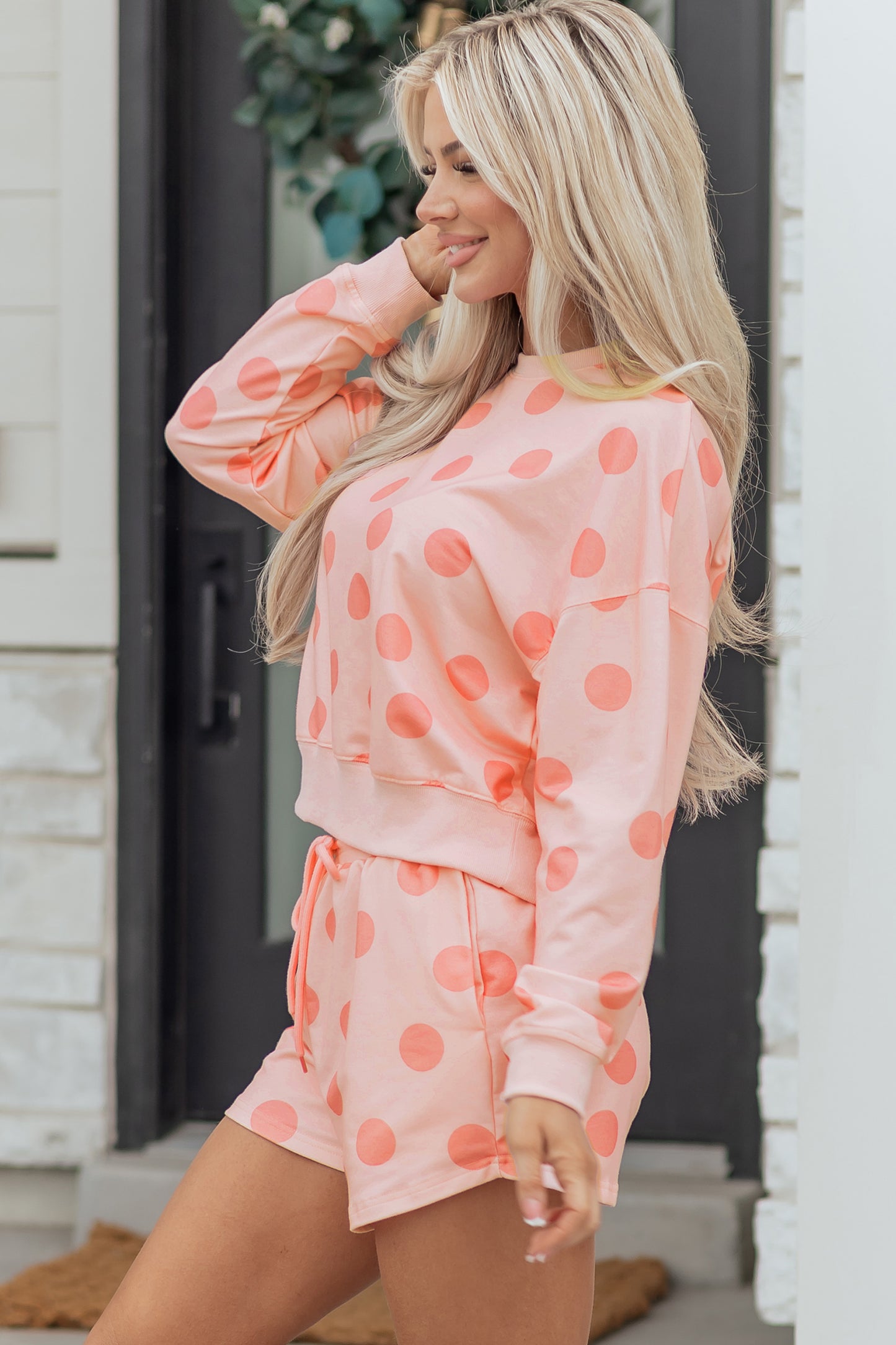 Cali Chic Women Pink Polka Dot Print Drop Shoulder Pullover Drawstring Shorts Set - Cali Chic
