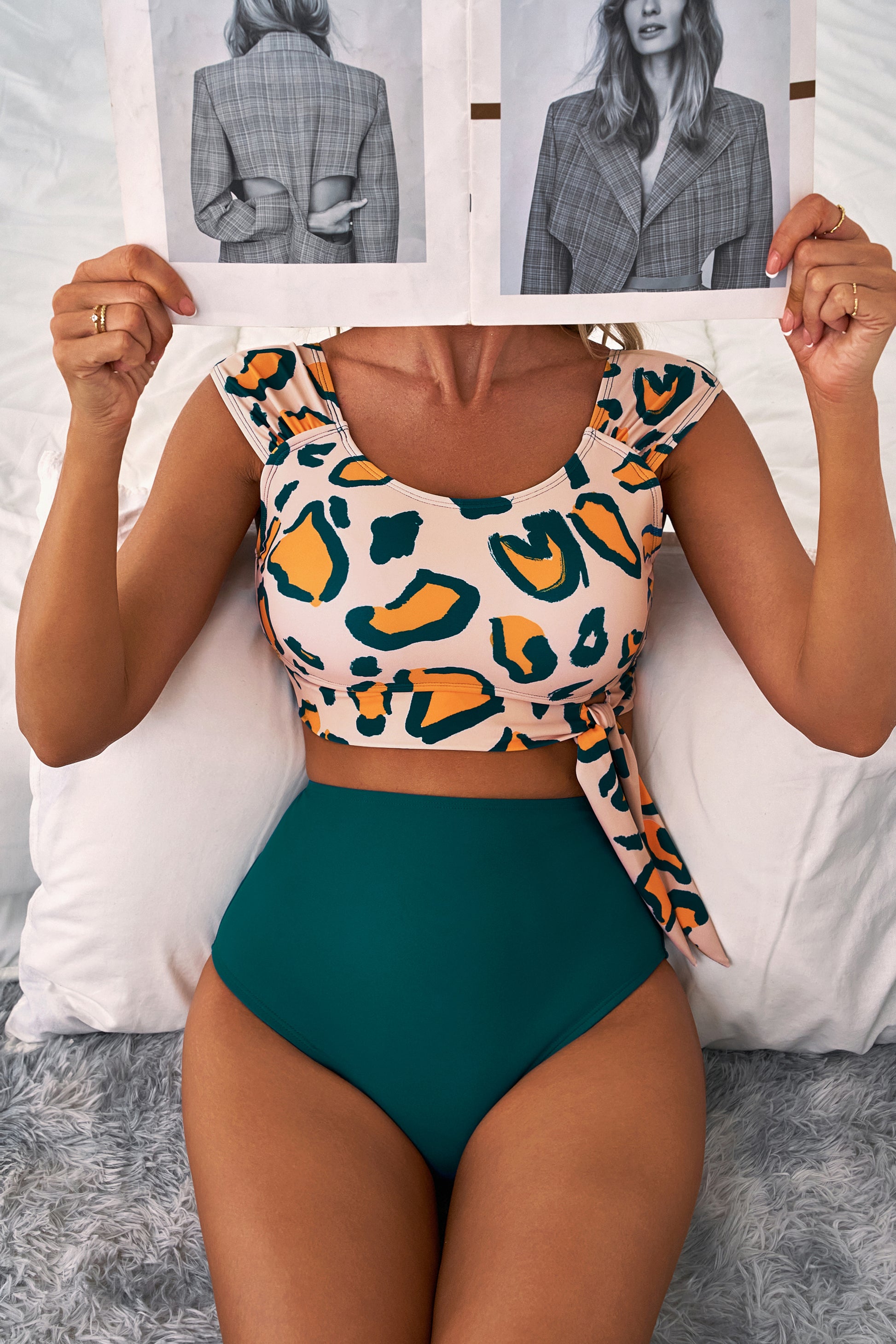 Cali Chic Women Swimsuit Green Leopard Print U Neck Knotted High Waist Bikini Set - Cali Chic