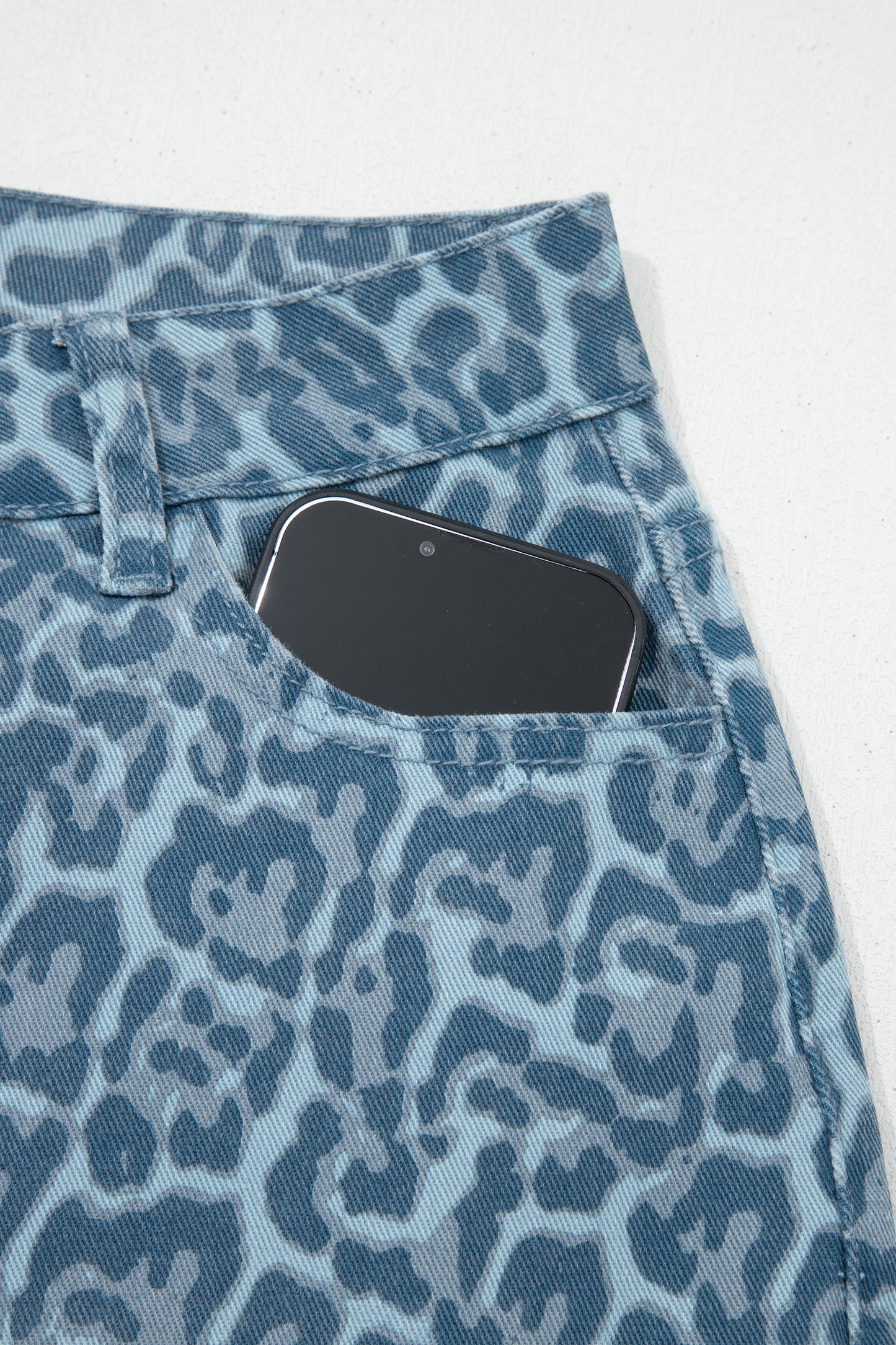 Cali Chic Women Pant Sky Blue Leopard Frayed Edge Wide Leg High Waist Jeans - Cali Chic