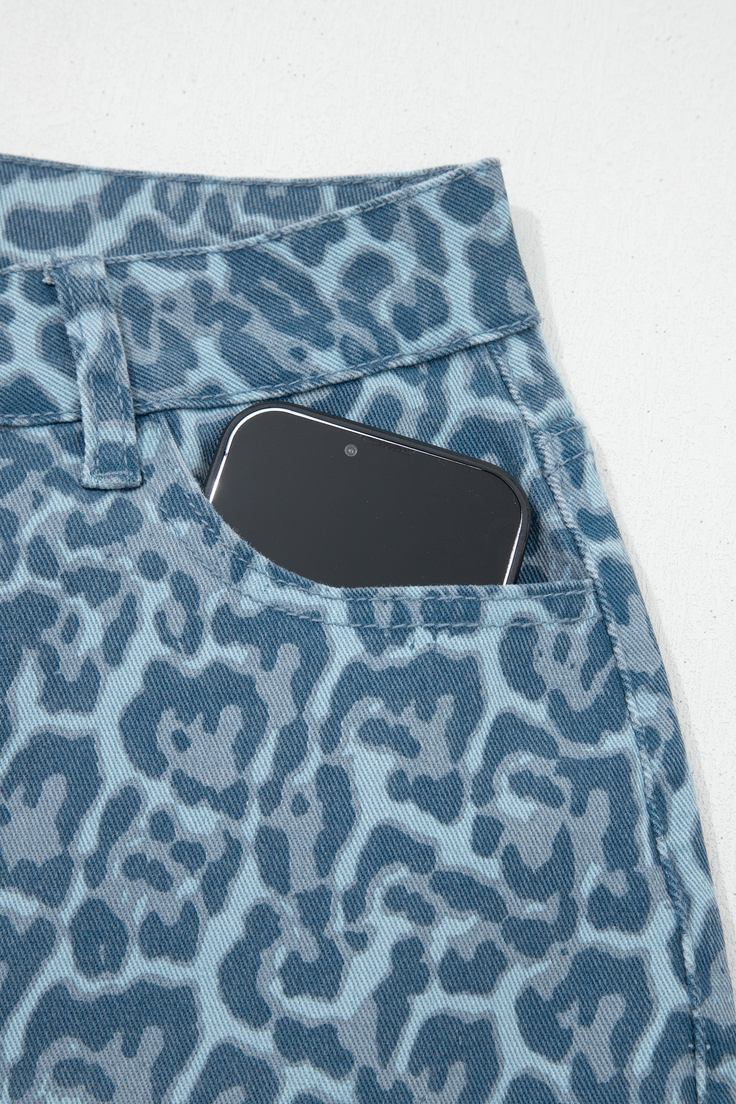 Cali Chic Women Pant Sky Blue Leopard Frayed Edge Wide Leg High Waist Jeans - Cali Chic