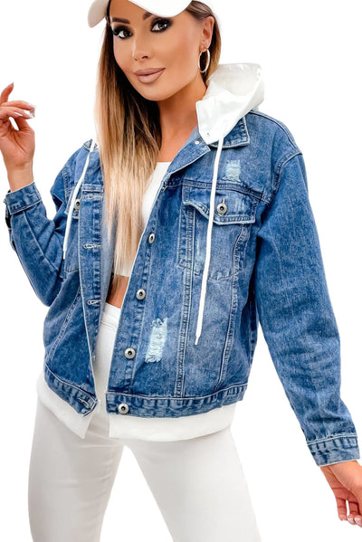 Cali Chic Sky Blue Distressed Contrast Hooded Denim Jacket with Pockets