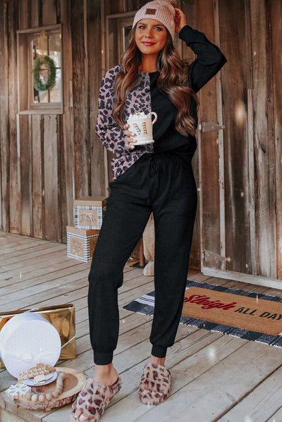 Cali Chic Black Contrast Leopard Long Sleeve Pullover and Joggers Outfit
