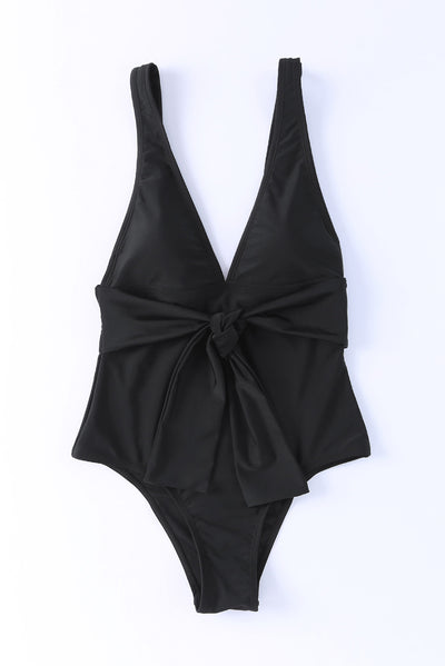 Black Deep V Neck Tie Waist One-piece Swimsuit