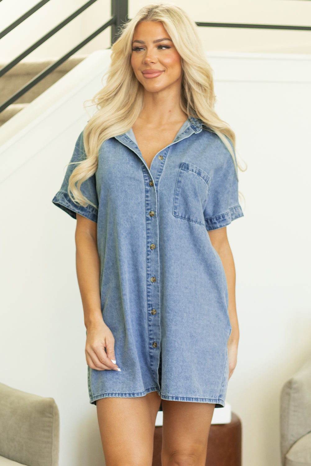 Cali Chic Women Dress Dusk Blue Short Sleeve Pocketed Button up Denim Tunic Dress - Cali Chic