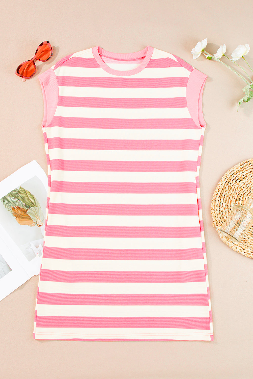 Cali Chic Women Dress Pink Stripe Cap Sleeve Shift T Shirt Dress - Cali Chic
