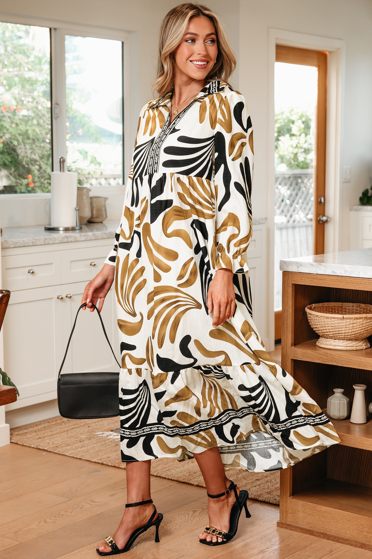 Cali Chic Women Dress Brown Tropical Printed Contrast Trim Neck Long Sleeve Ruffle Hem Dress - Cali Chic