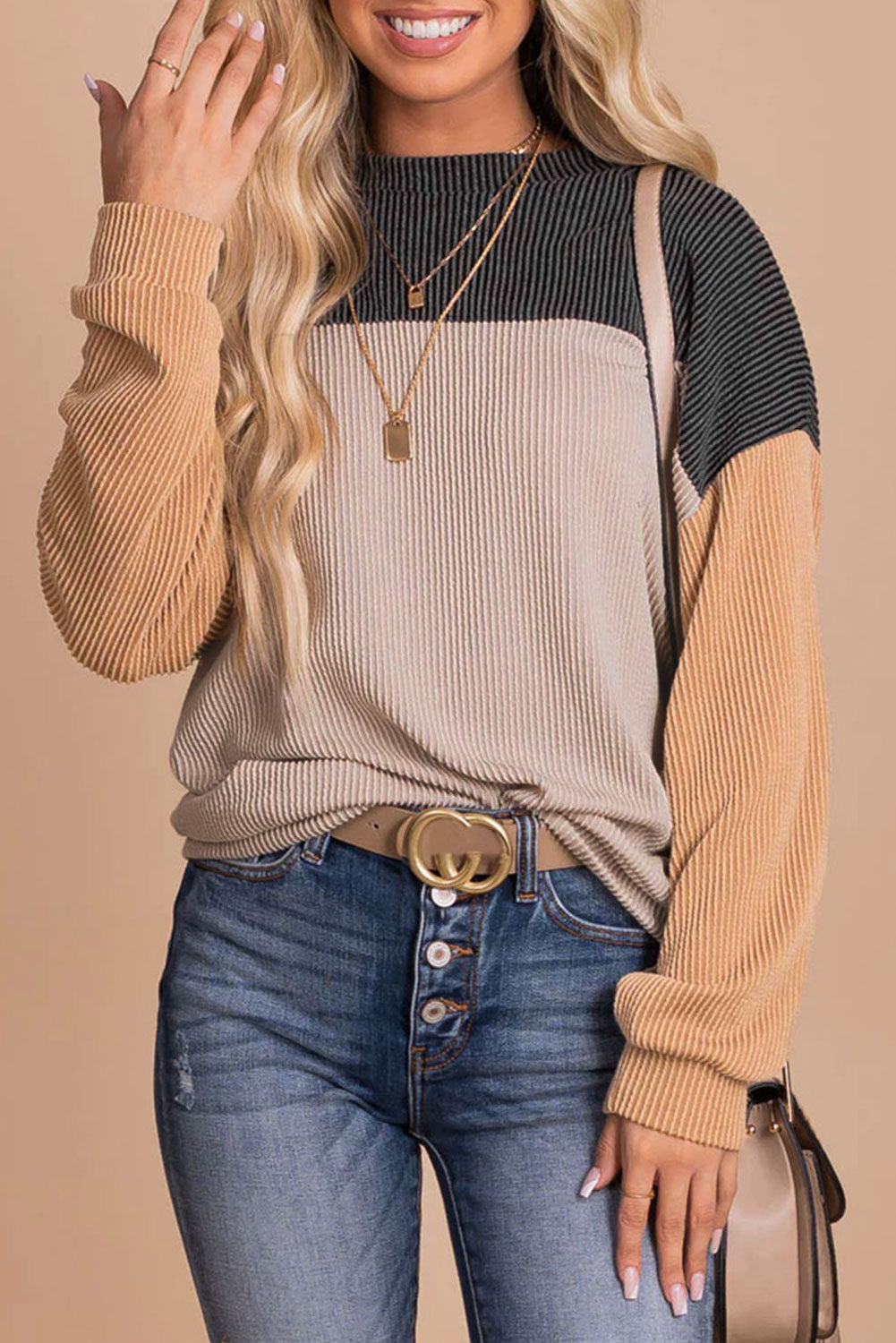 Cali Chic Women Black Color Block Celebrity Long Sleeve Ribbed Loose Top