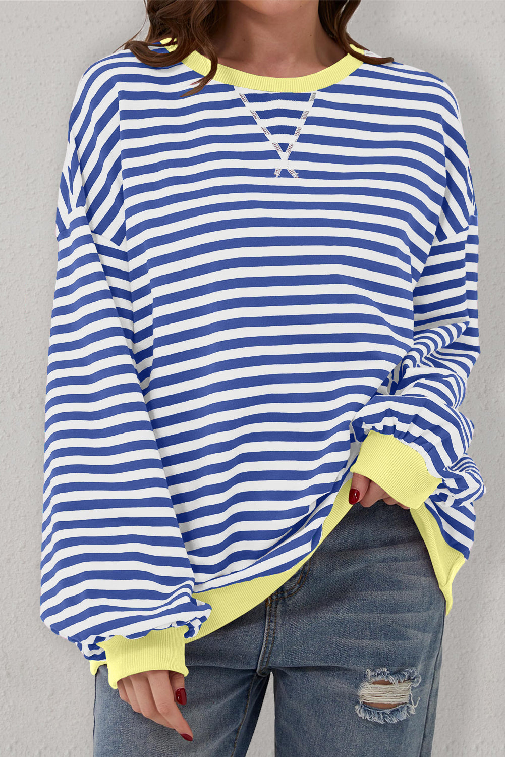 Cali Chic Women Sweatshirt Blue Stripe Oversized Contrast Trim Pullover Sweatshirt - Cali Chic