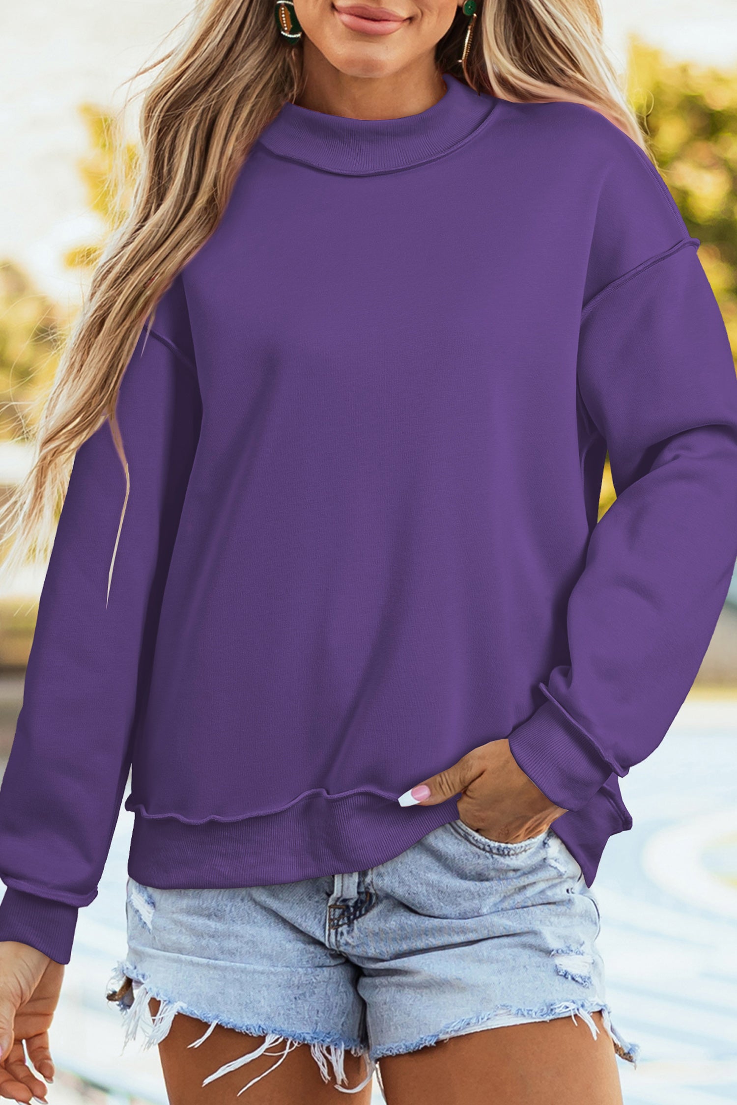 Cali Chic Women Sweatshirt Tillandsia Purple Oversize Drop Shoulder Reversible Mock Neck Sweatshirt - Cali Chic