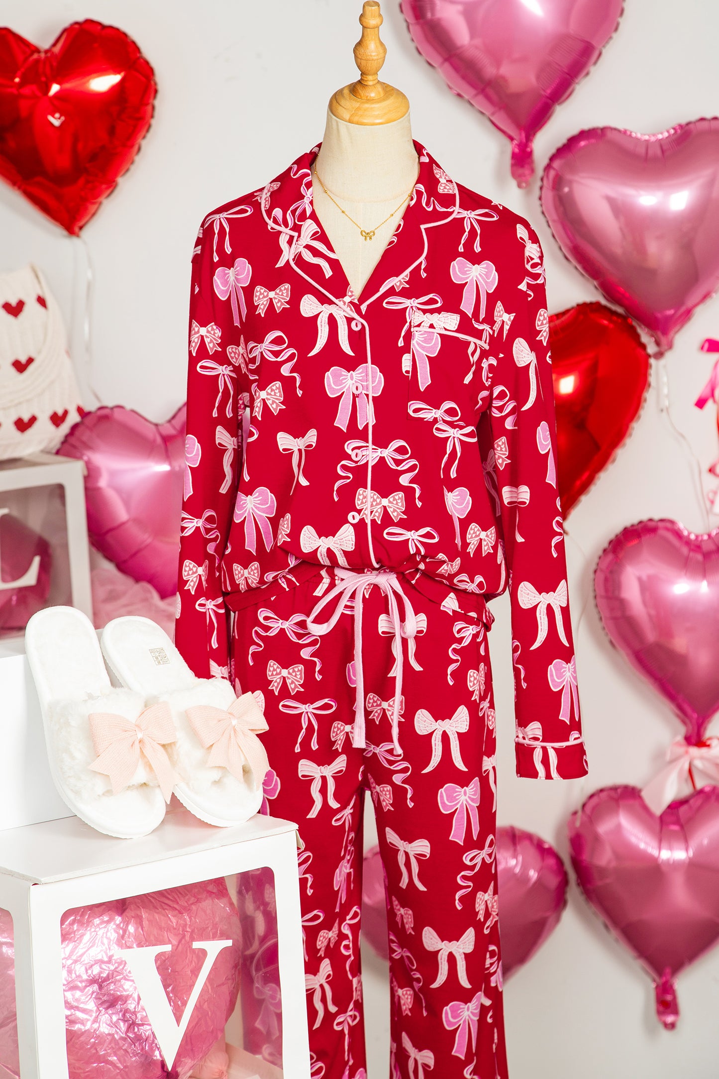 Red Sweet Bow Print Shirt Style Top Long 2pcs Pajama Set - Cali Chic