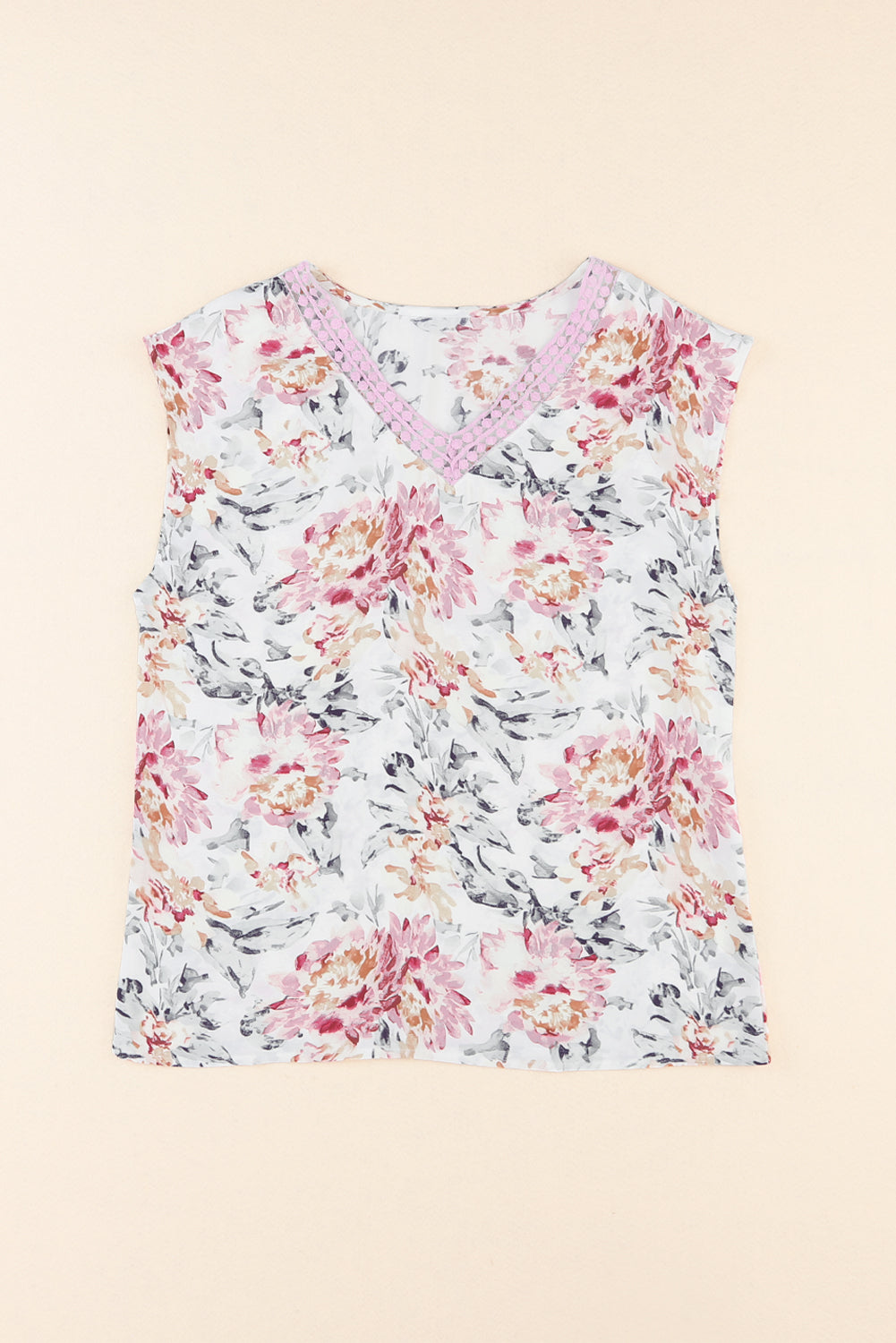 Pink Floral Print Lace Splicing Sleeveless Blouse