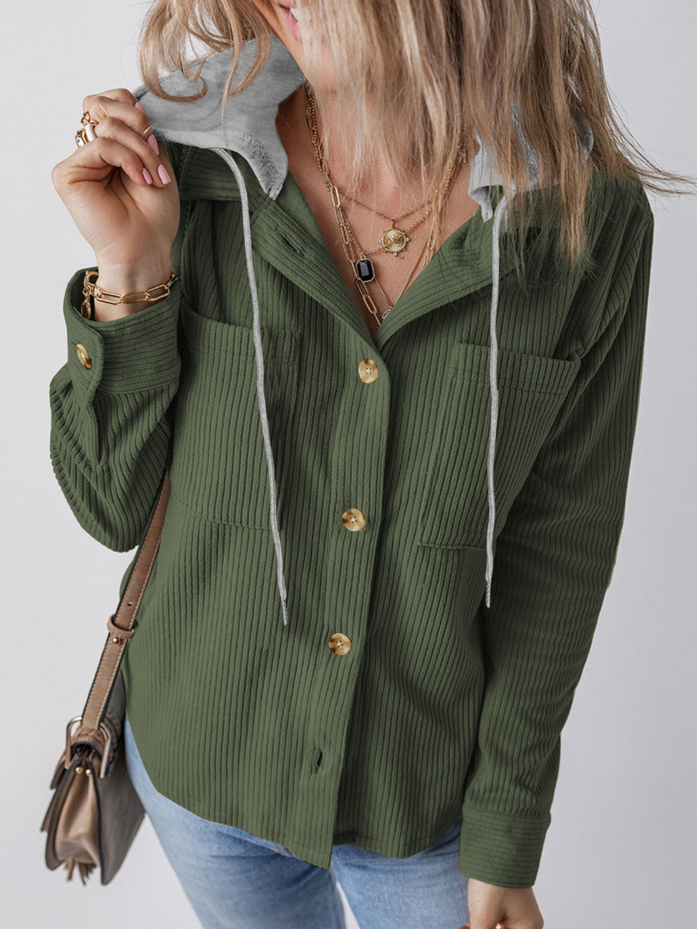 Cali Chic Women Ribbed Knit Hooded Shacket Long Sleeve Button Down Shi