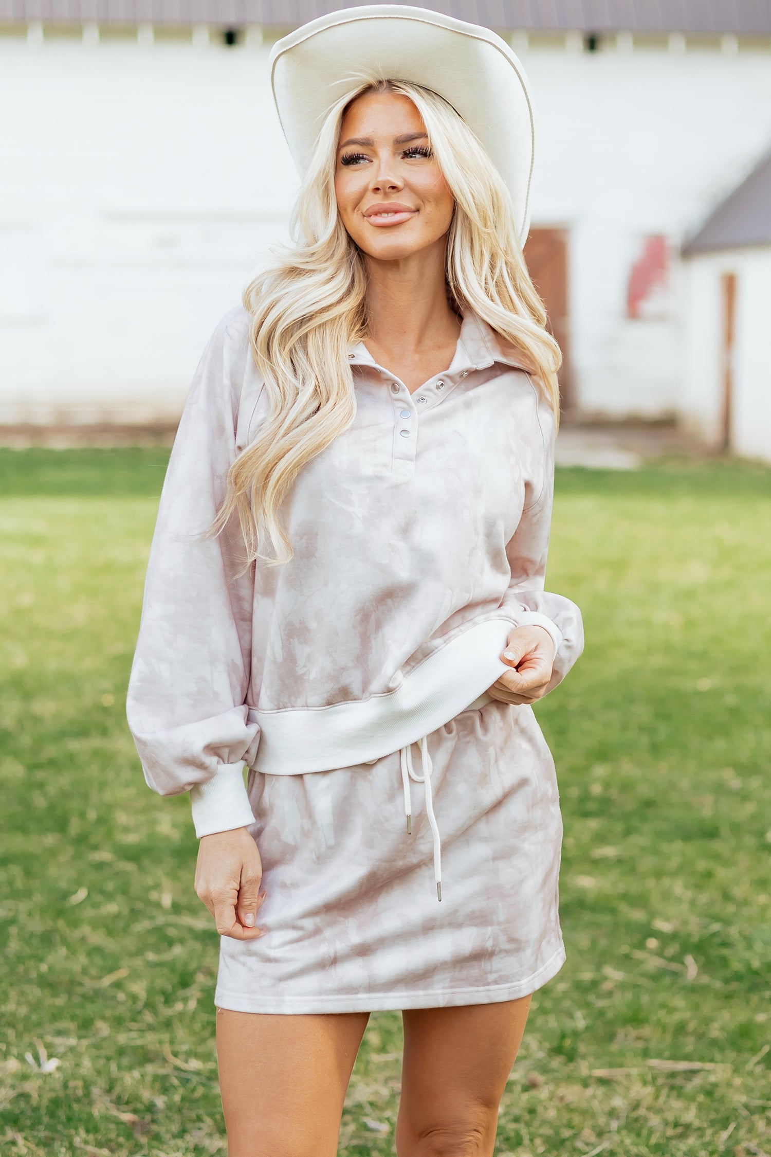 White abstract woodland print mini skort and balloon sleeve pullover set for women by Dear-Lover, casual two-piece outfit.