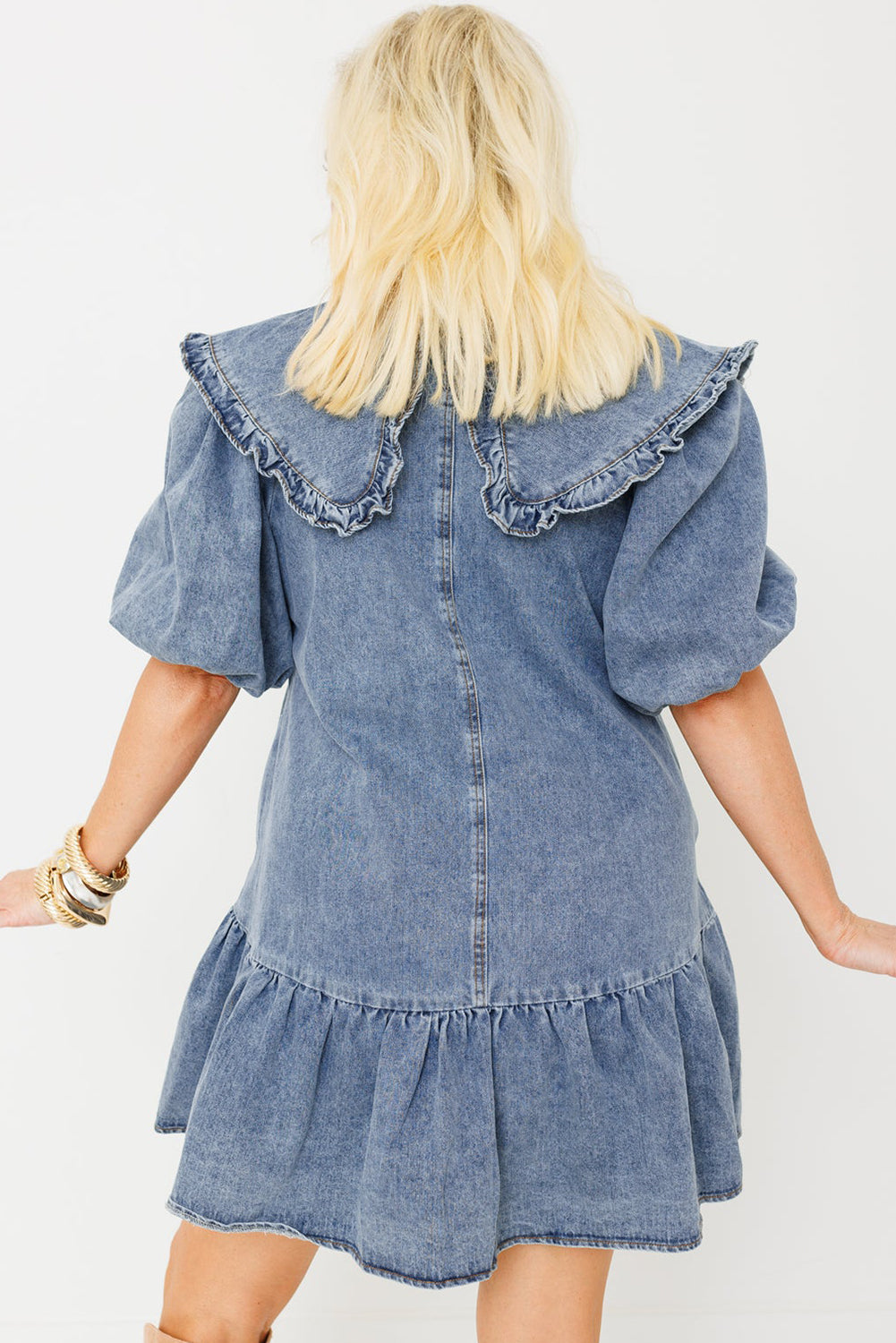 Cali Chic Women Dress Dusk Blue Ruffled Collared Side Pockets Puff Sleeve Denim Mini Dress - Cali Chic