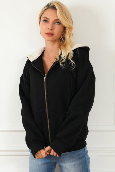 Black Sherpa Hooded Thumbhole Sleeve Zip Up Jacket
