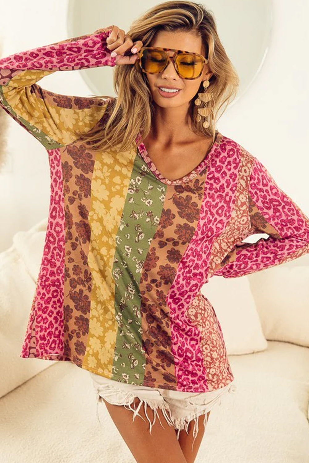 Multicolor Floral Leopard Mixed Print V Neck Long Sleeve Tee