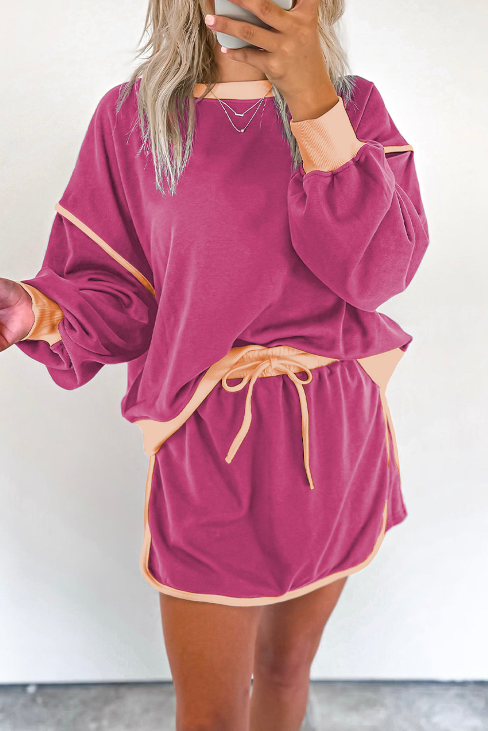 Cali Chic Rose Red Color Contrast Loose Pullover and Lace-up Waist Skort Set