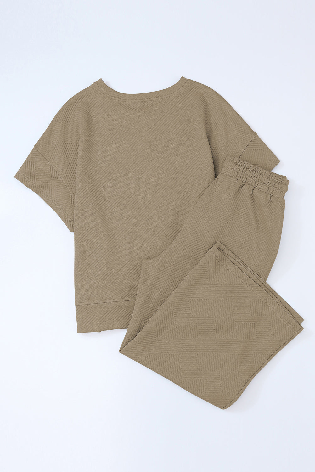 Cali Chic Apricot khaki Textured Loose Fit T Shirt and Drawstring Pants Set