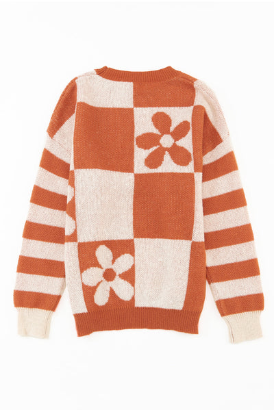 Cali Chic Women Brown Checkered Floral Print Striped Sleeve Sweater