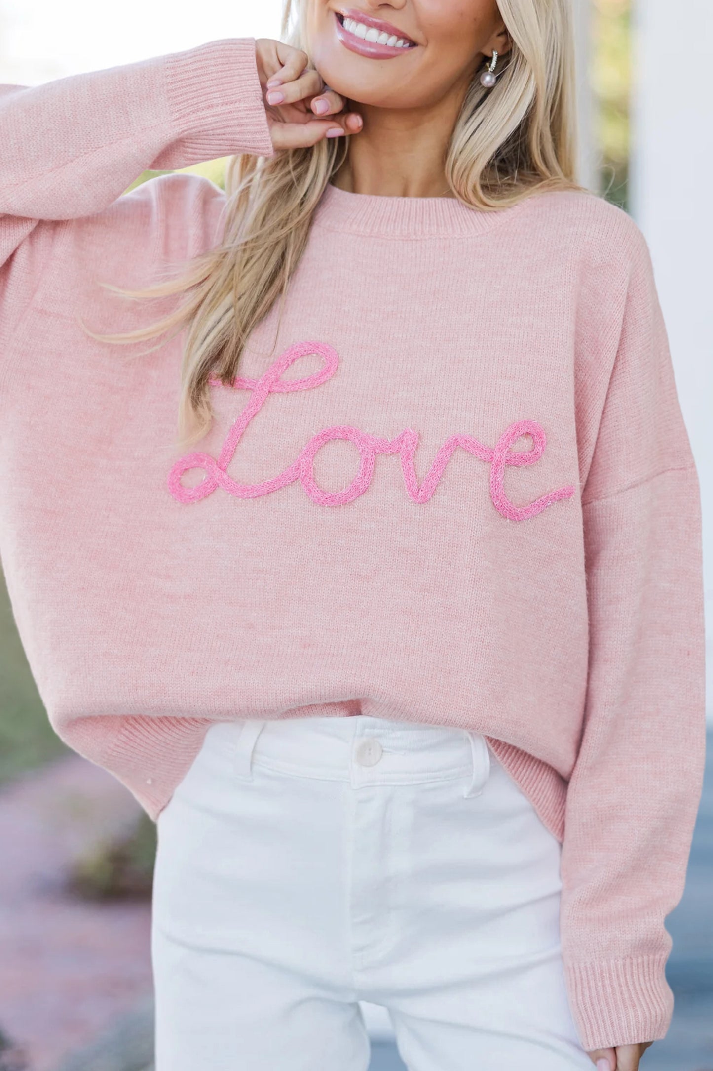 Pink Corded Love Script Graphic Baggy Sweater - Cali Chic