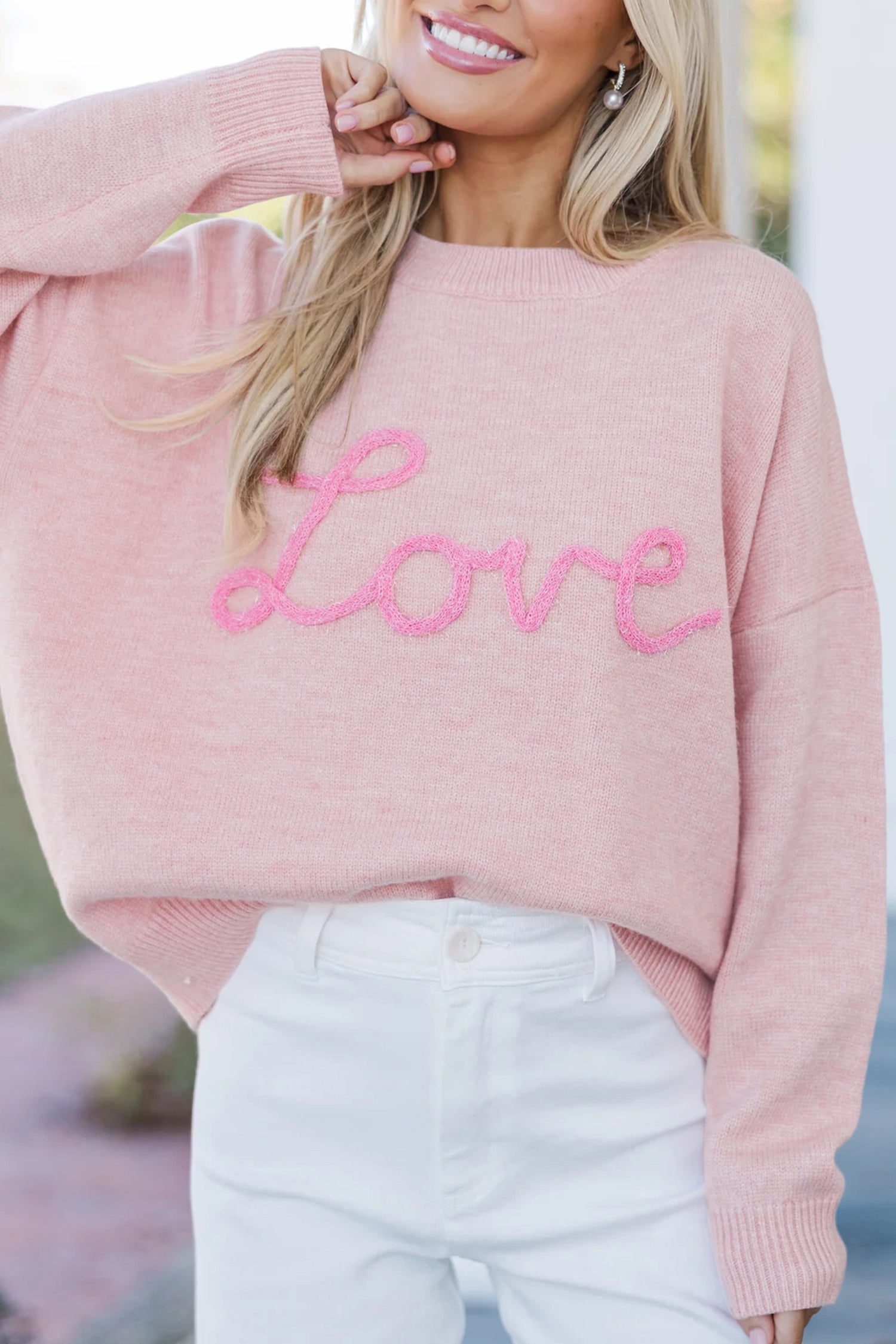 Pink Corded Love Script Graphic Baggy Sweater - Cali Chic