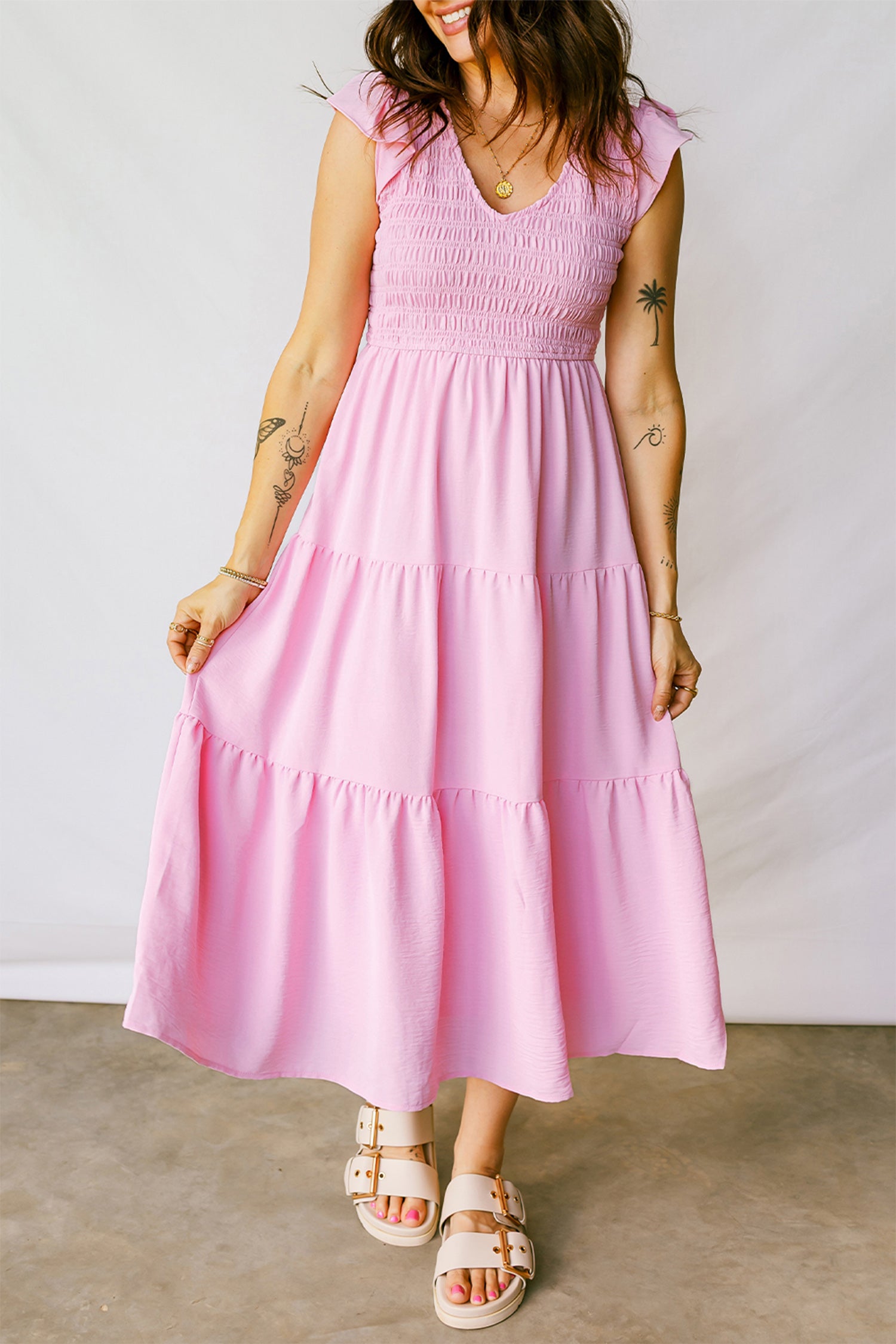 Cali Chic Women Dress Pink Smocked Bodice Flutter Sleeve Fit Flare Tiered Midi Dress - Cali Chic