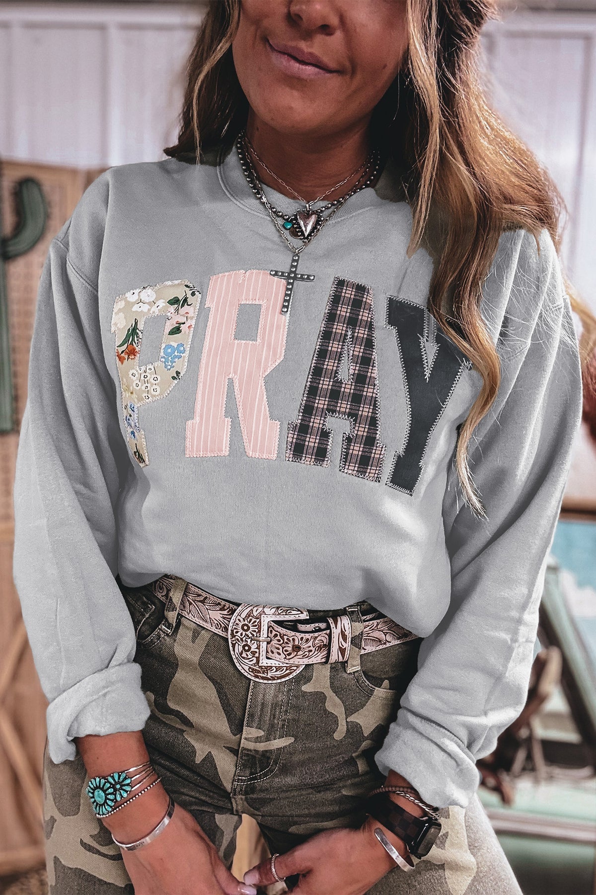 Cali Chic Women Sweatshirt Coffee Floral Buffalo Plaid Striped Embroidered Patch Western Pullover