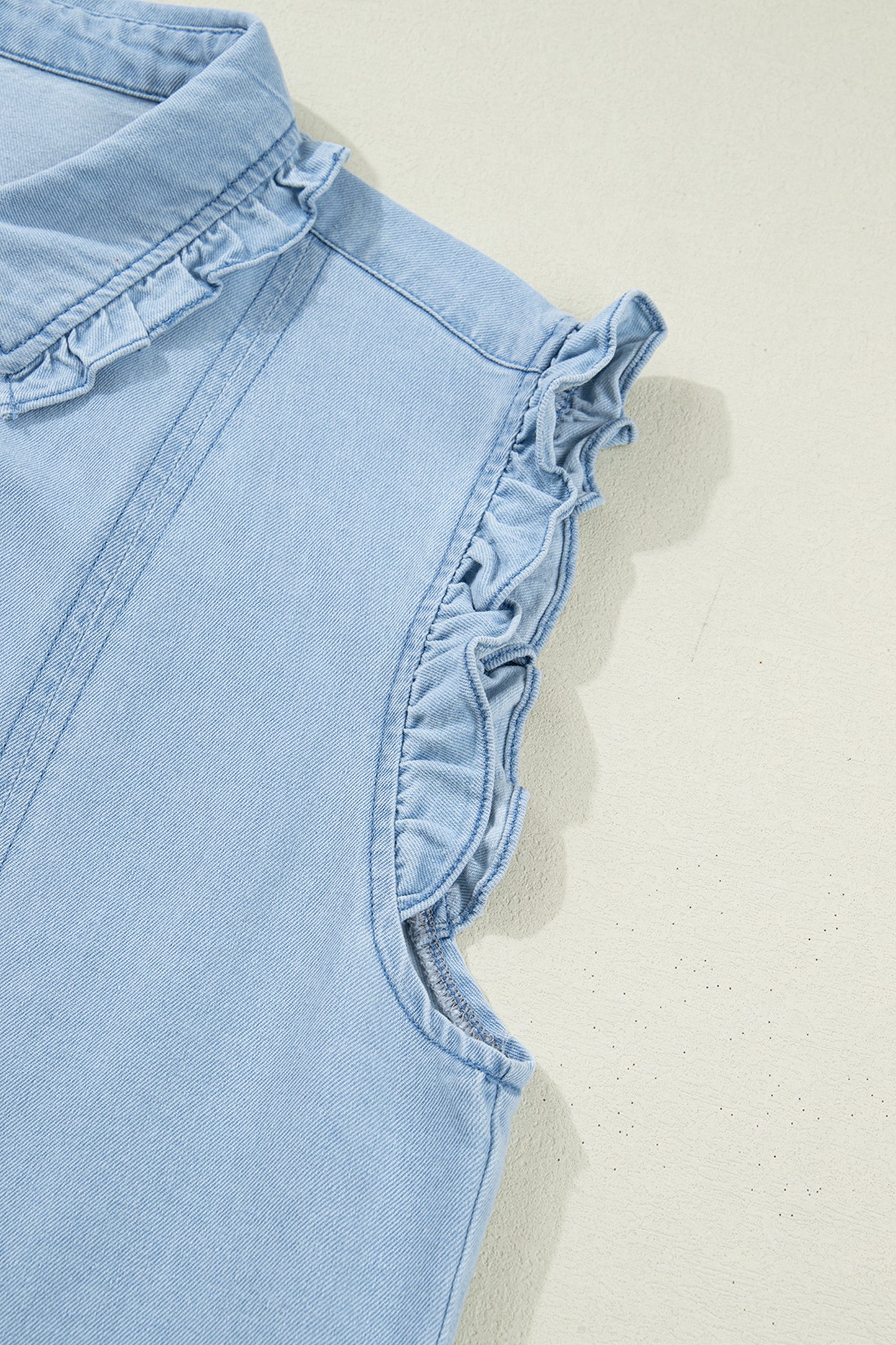 Cali Chic Women Dress Beau Blue Ruffled Edge Collared Shift Denim Dress with Pockets - Cali Chic