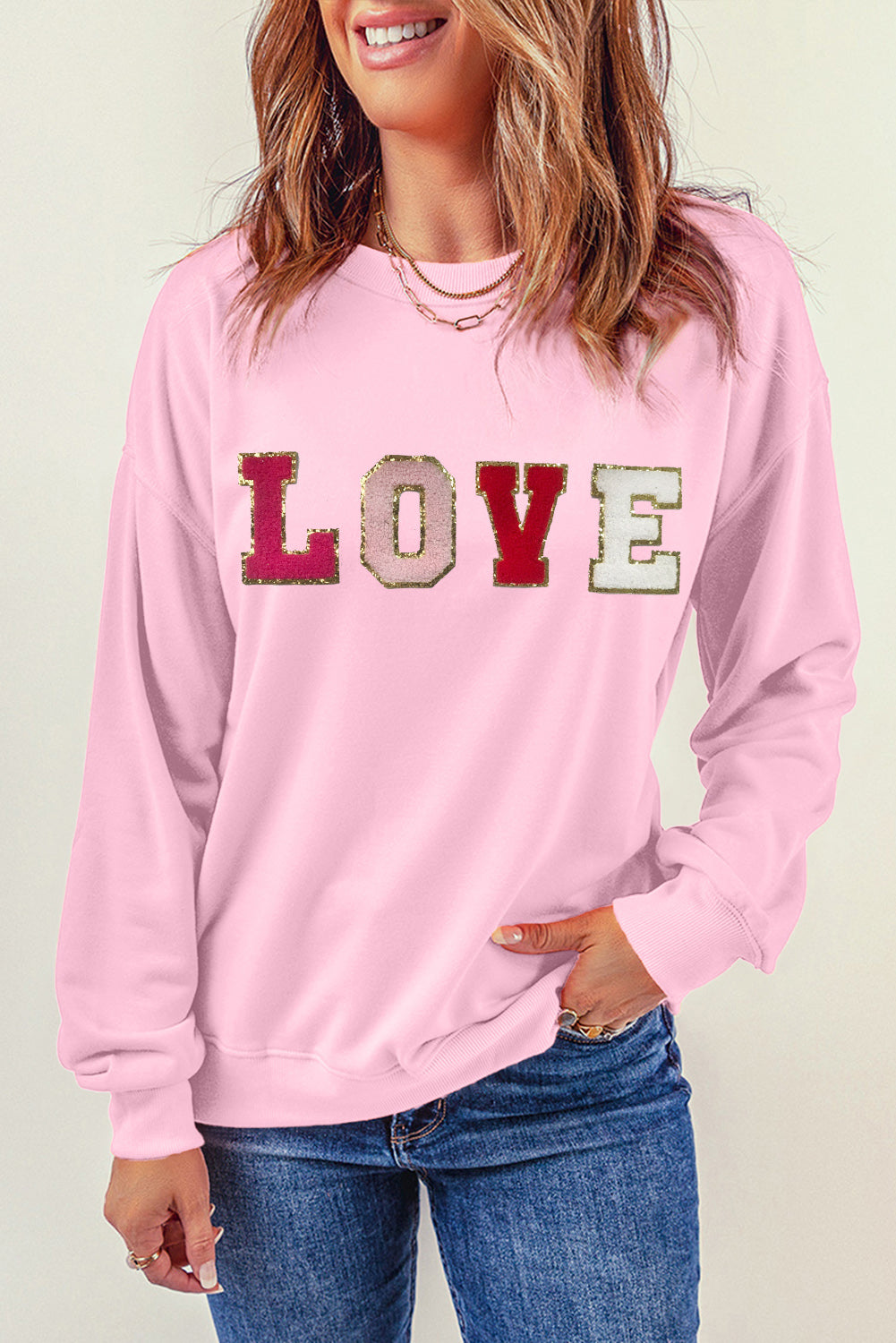 Pink Valentine LOVE Chenille Embroidered Sweatshirt - Cali Chic