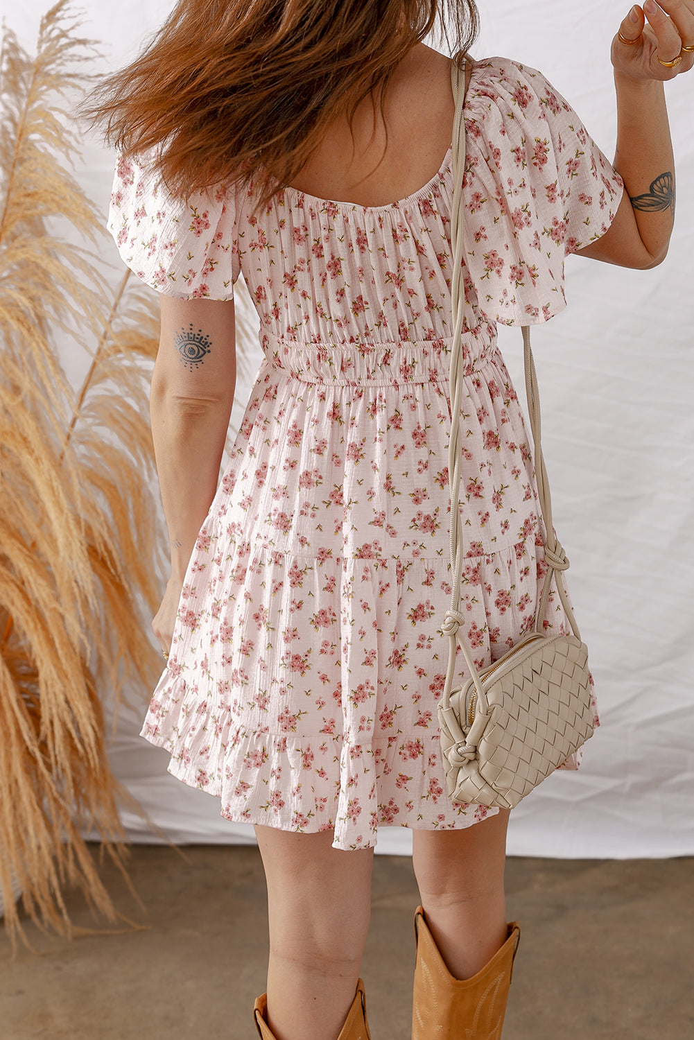 Cali Chic Women Dress Pink Front Tie Shirred Waist Short Sleeve Ruffled Floral Mini Dress - Cali Chic
