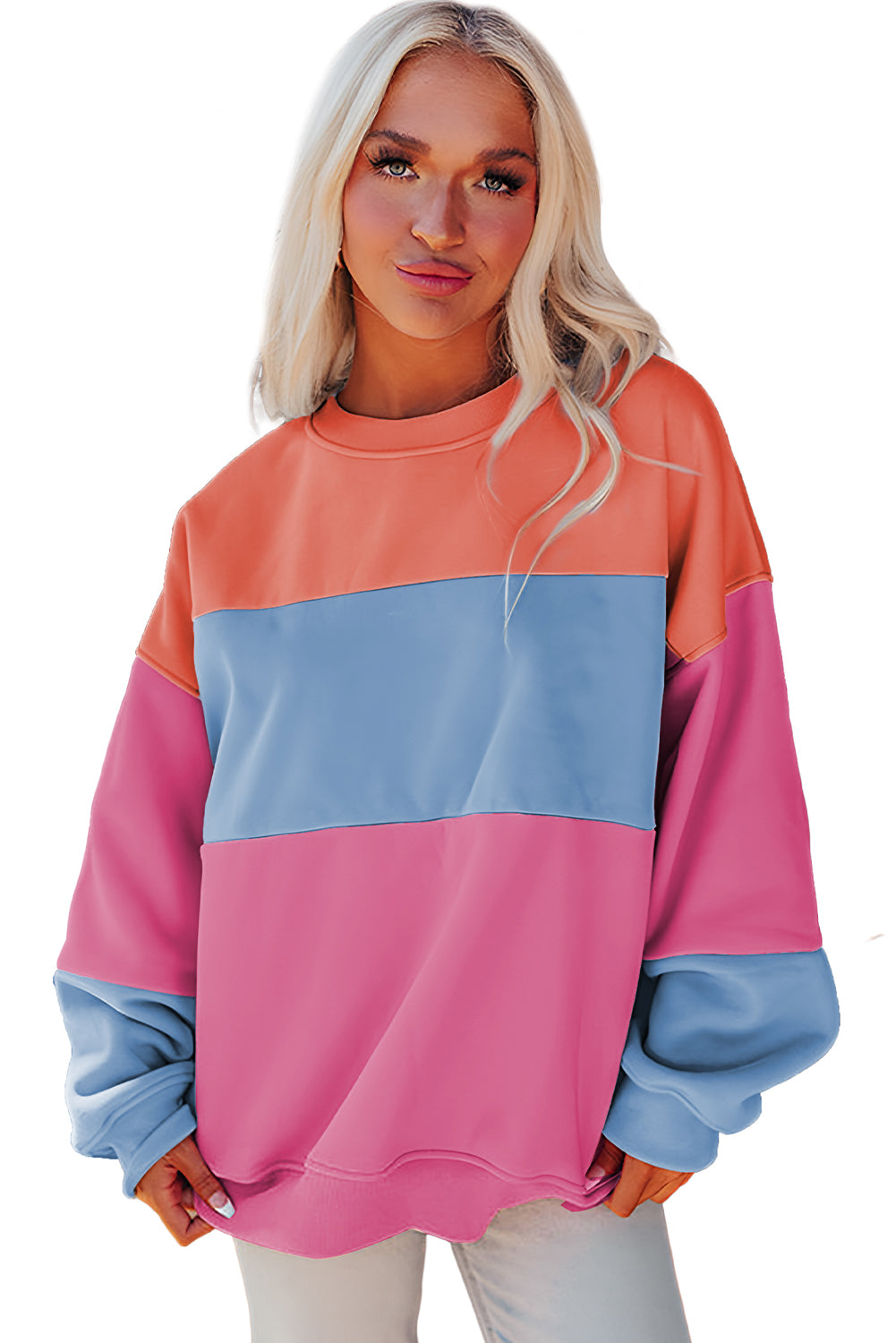 Cali Chic Women Sweatshirt Blossom Color Block Patchwork Drop Shoulder Pullover