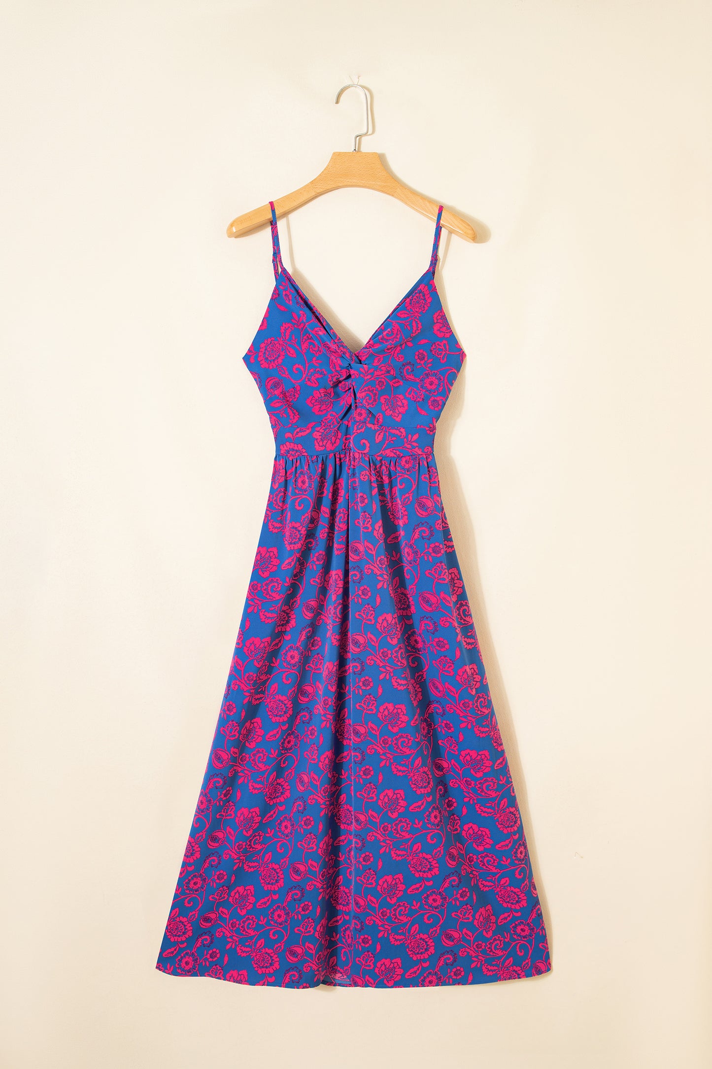 Cali Chic Women Dress Blue Floral Print Twisted V Neck Tied Backless Maxi Dress