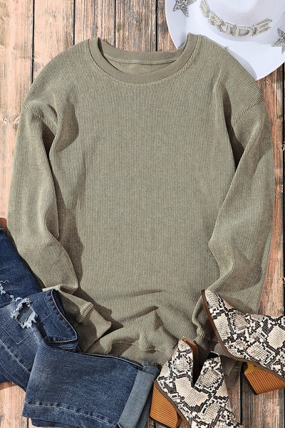 Cali Chic Women Sweatshirt Green Solid Ribbed Knit Round Neck Pullover