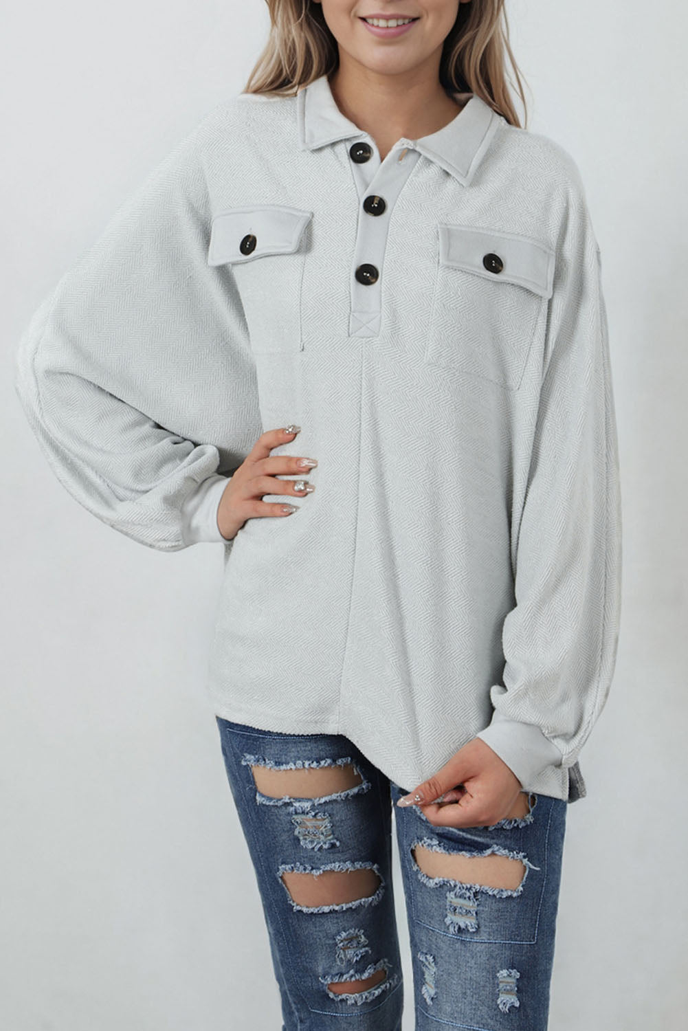 Cali Chic Gray Oversized Flap Pockets Button Collared Sweatshirt