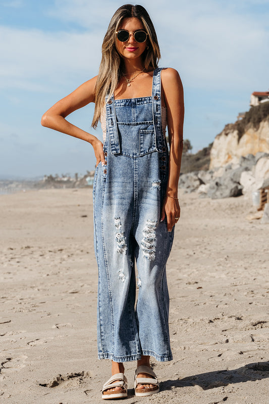 Cali Chic Women Pants Stone Blue Distressed Bib Pocket Wide Leg Denim Overall - Cali Chic
