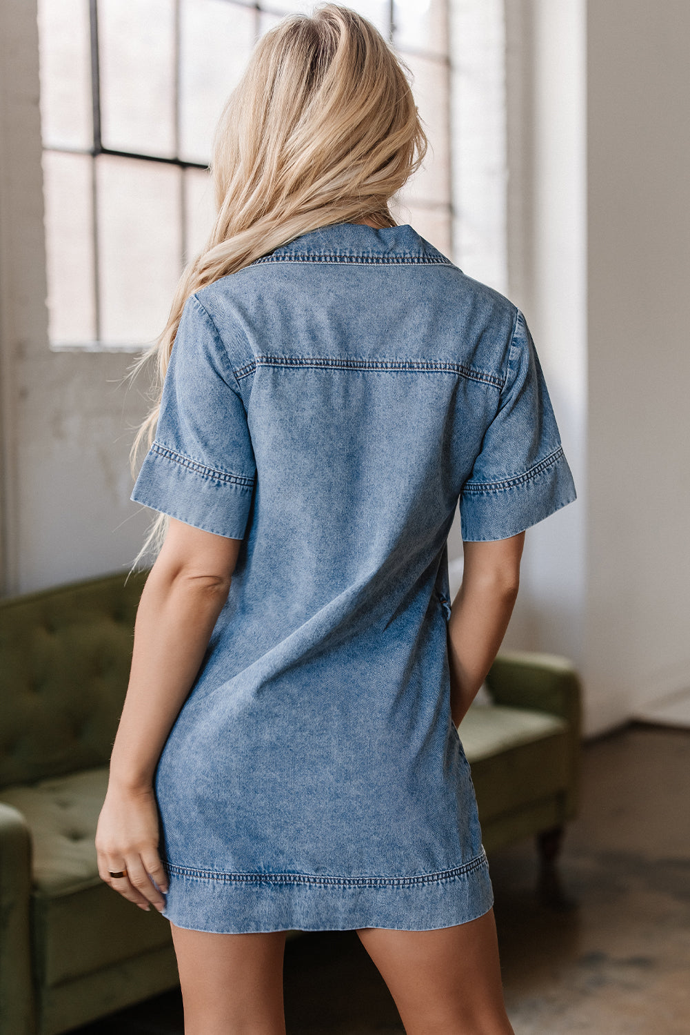 Cali Chic Women Dress Beau Blue Short Sleeve Collared Patched Pocket Denim Mini Dress - Cali Chic