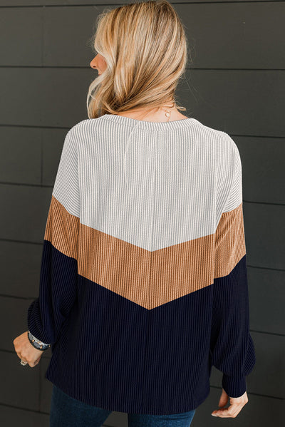 Navy Blue Color Block Corded Texture Long Sleeve Top