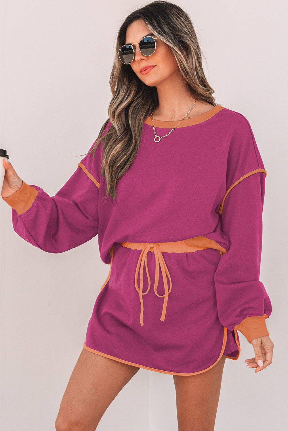 Cali Chic Rose Red Color Contrast Loose Pullover and Lace-up Waist Skort Set