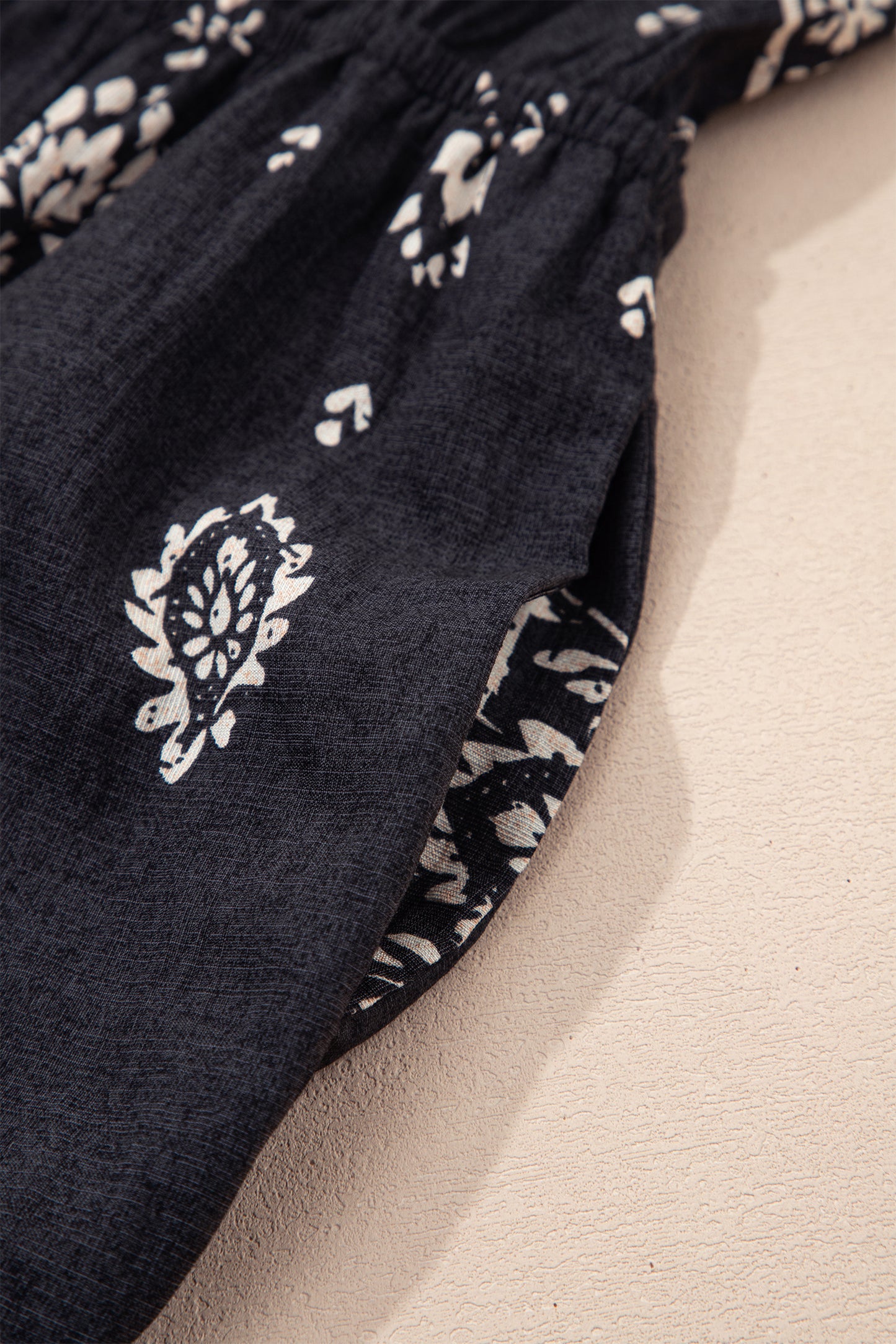 Cali Chic Women Jumpsuit Black Spaghetti Straps Elastic Waist Loose Ethnic Print Jumpsuit