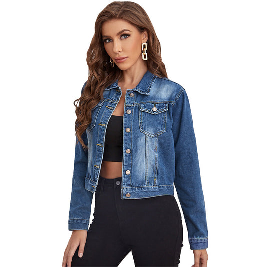 Women's fitted denim jacket by CALI CHIC with washed faded blue finish, button-front design, and embroidered logo detail.