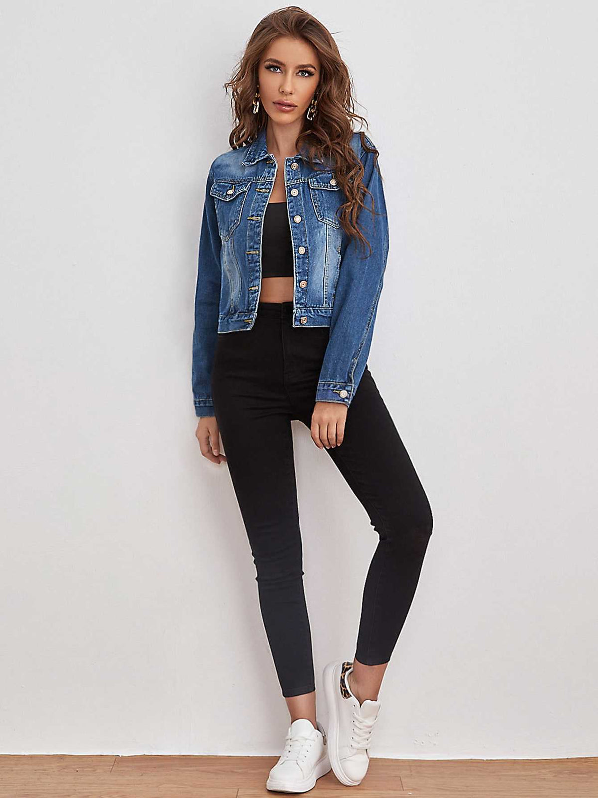 Women's Fitted Denim Jacket - Washed Faded Blue Button-Front with Embroidered Logo